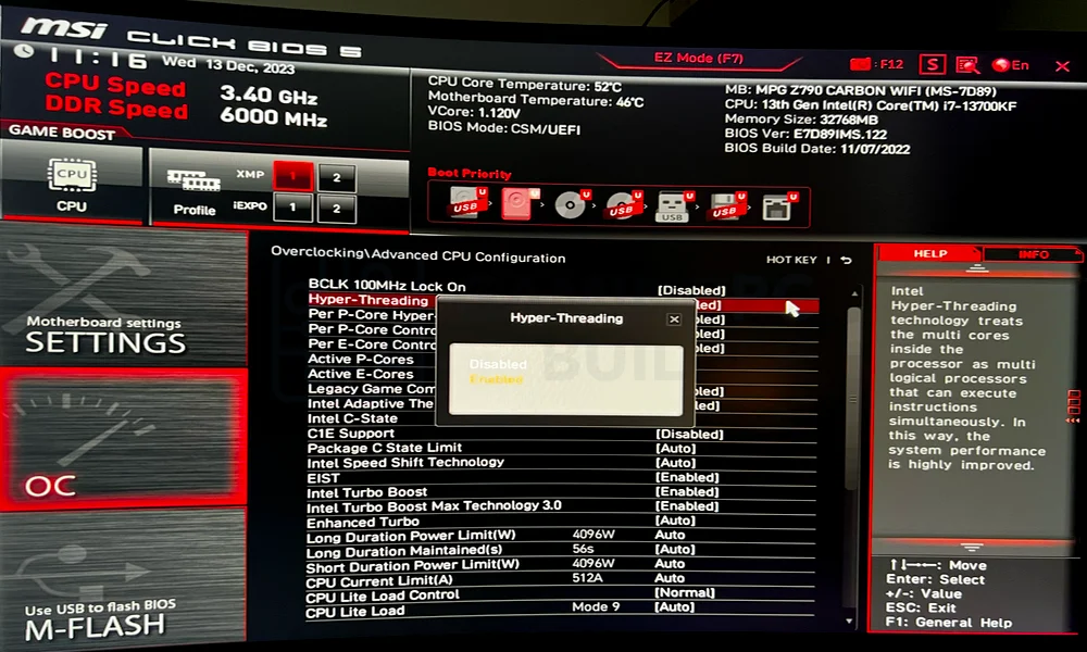 BIOS hyperthreading
