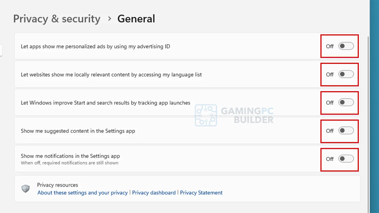 Adjust general privacy and security settings