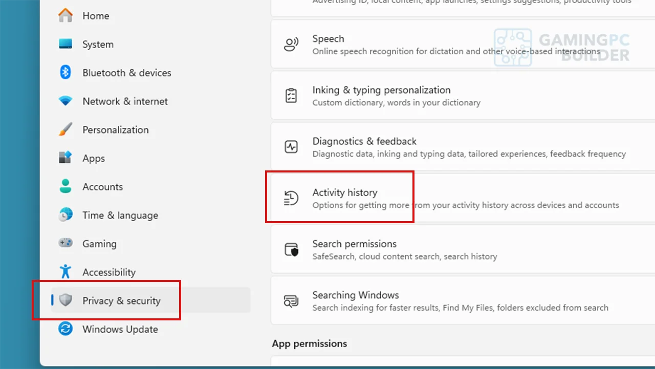 Activity history setting