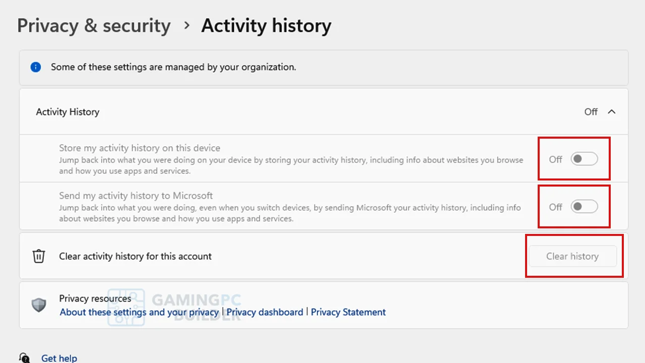 Disable activity history