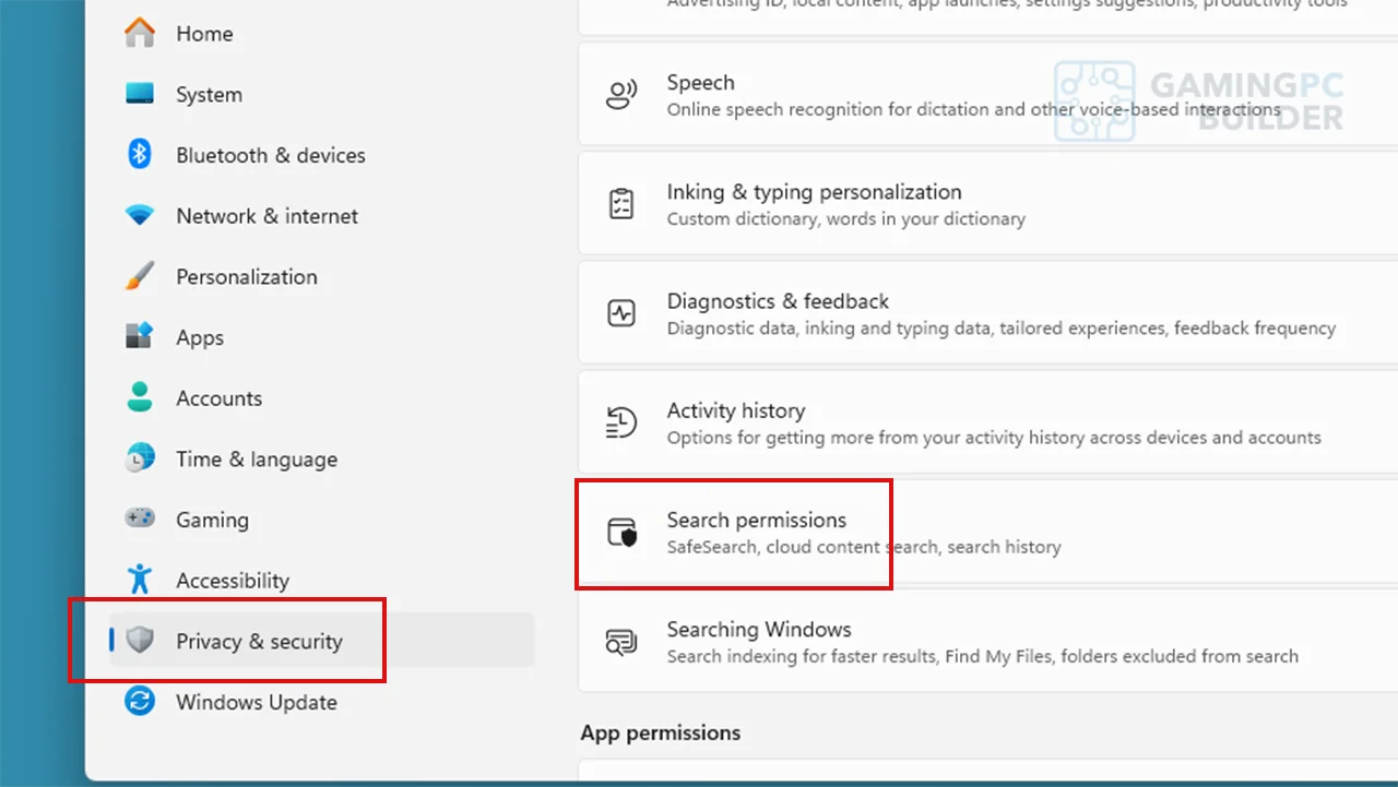 Set search permissions