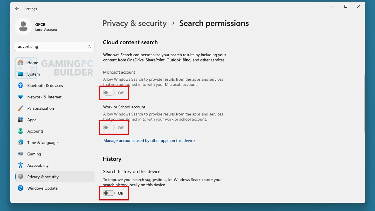 Disable cloud content search history