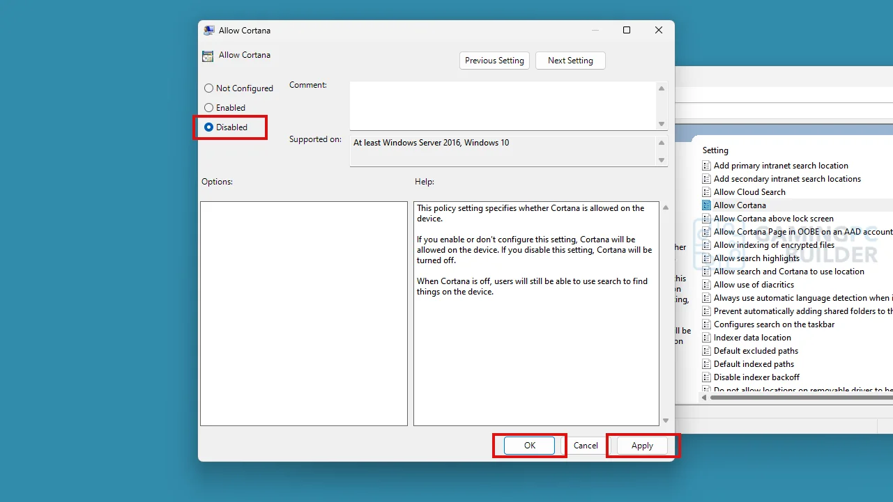 disable cortana in gpedit
