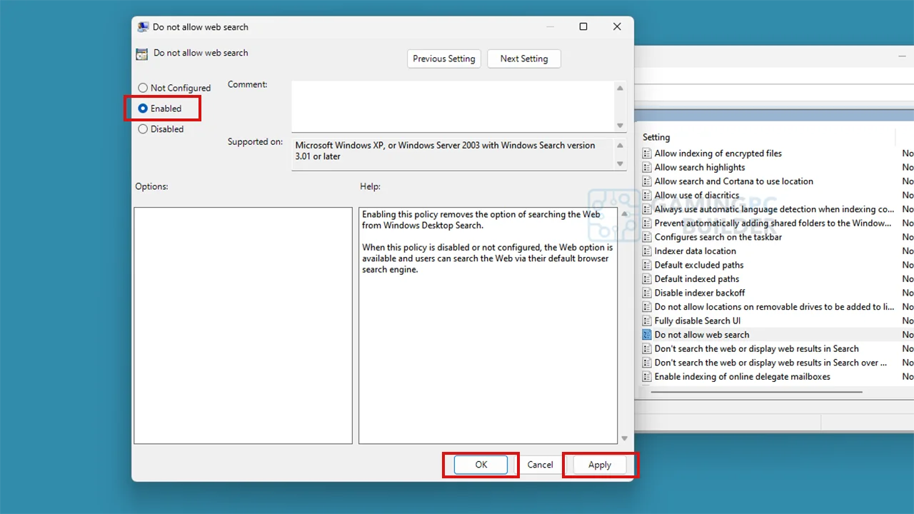Click the Enabled option, click Apply and click OK