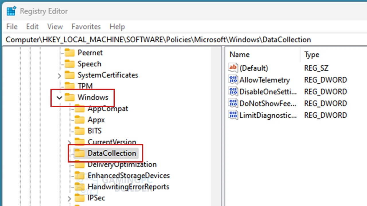 regedit data collection entry