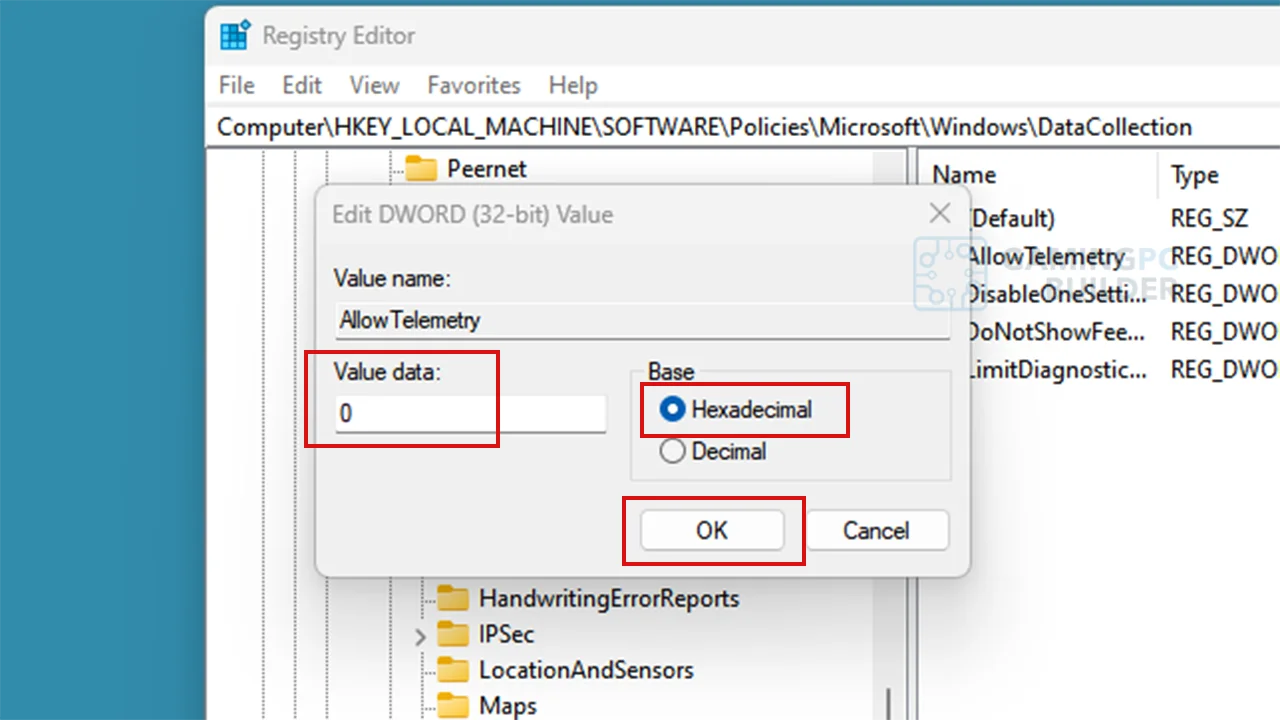 edit allow telemetry in registry
