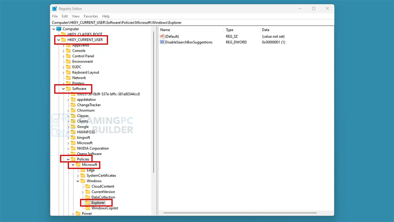 edit explorer search box suggestions in registry