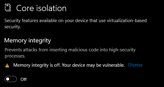 core isolation setting