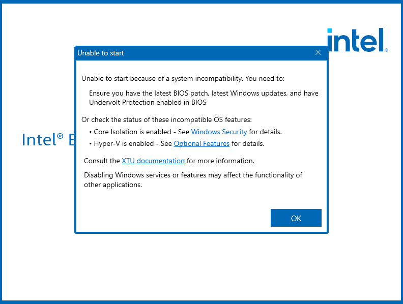 intel xtu error