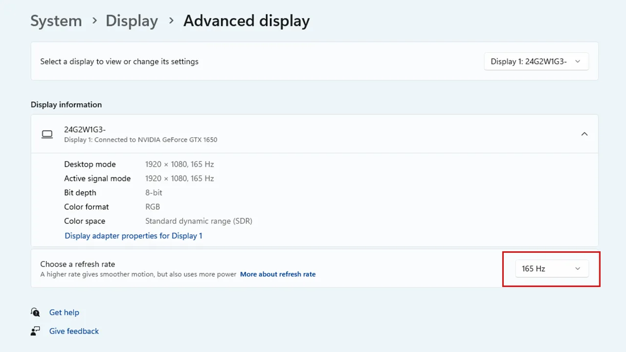 Display Settings Refresh Rate