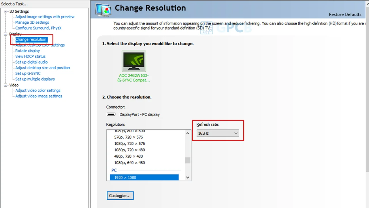 Display Settings Refresh Rate